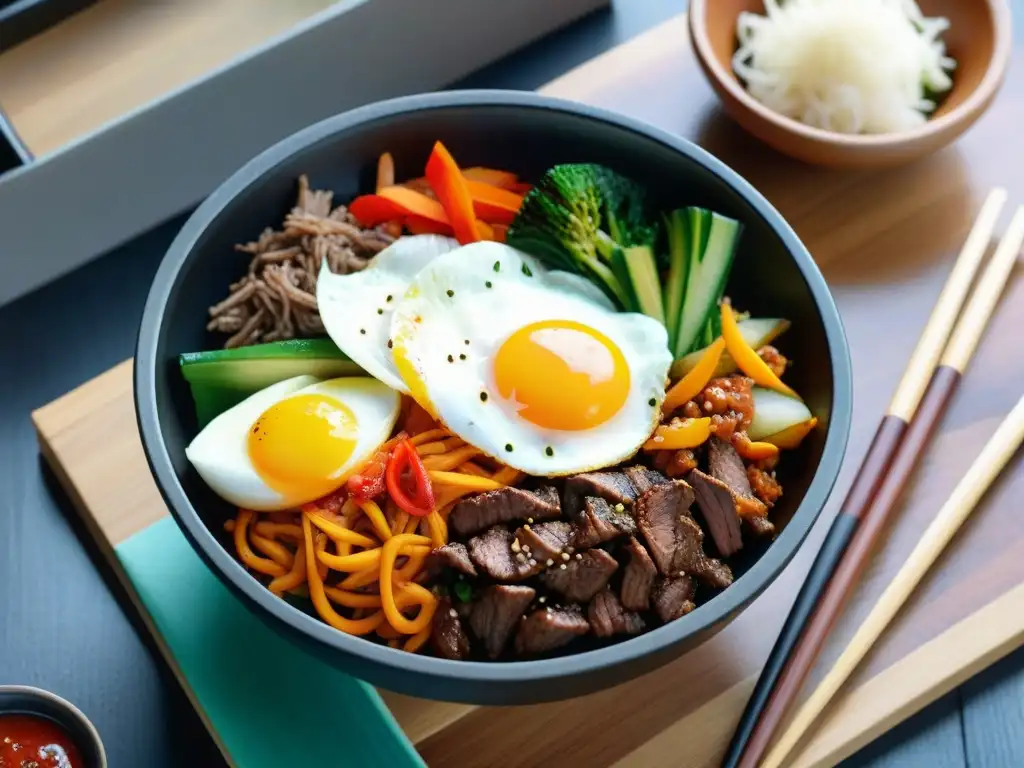 Exquisita bibimbap coreana con ingredientes coloridos y sabores audaces en un tazón de cerámica negro sobre mesa de madera