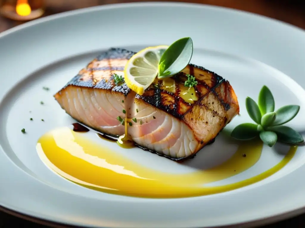 Una exquisita Corvina grillada con limón y hierbas frescas en un elegante plato blanco, bañada en aceite de oliva