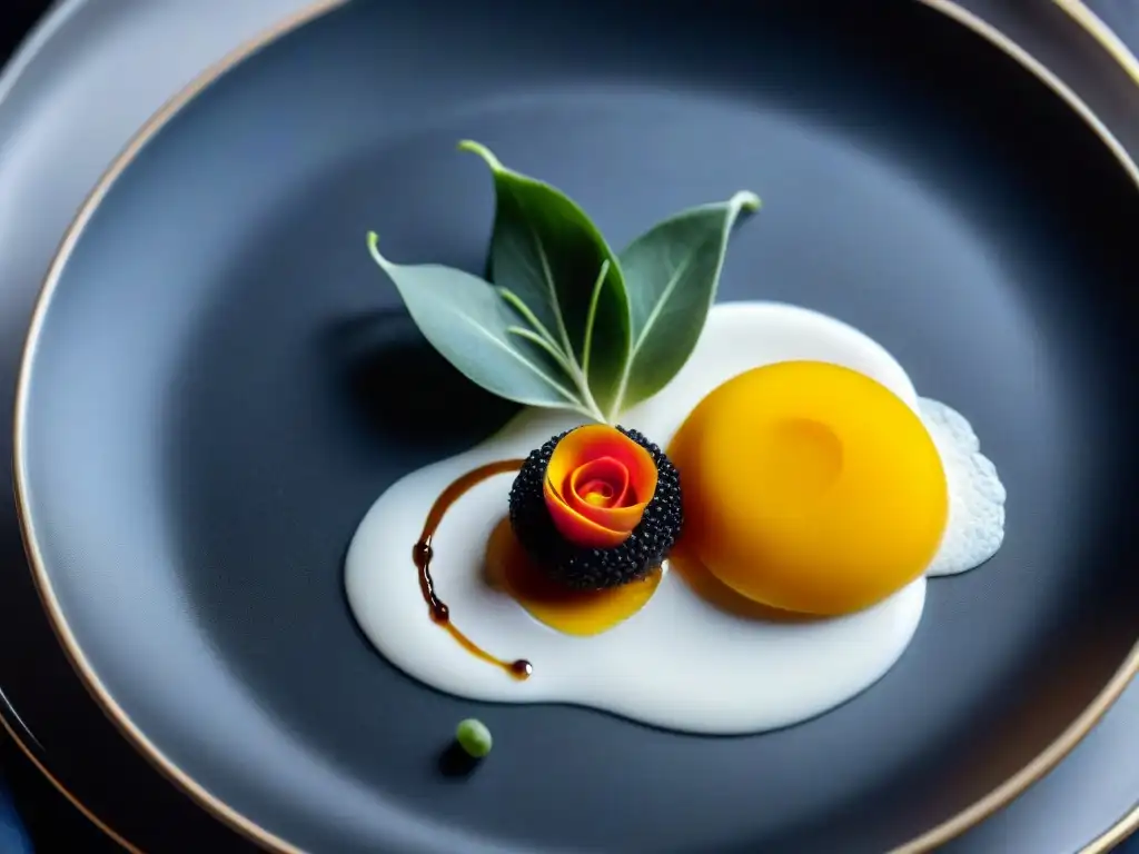 Exquisita creación de gastronomía molecular con mango caviar y espuma de pétalos de rosa, destacando en un elegante plato blanco