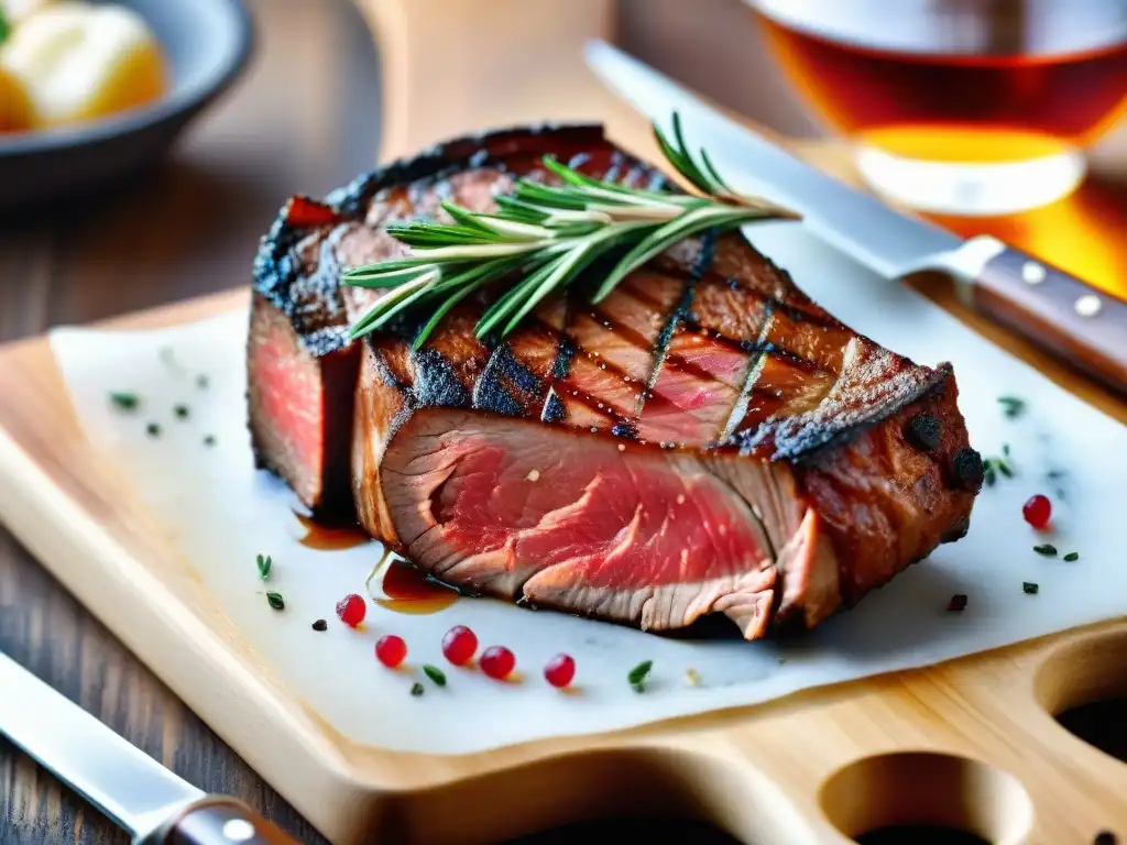 Una exquisita delicia gourmet: un Tomahawk cortado con maestría sobre tabla de madera, decorado con romero fresco y sal marina