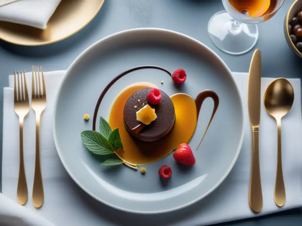 Una exquisita y elegante presentación de postre gourmet con mousse de chocolate y salsa de piloncillo, decorado con oro comestible y frutas frescas