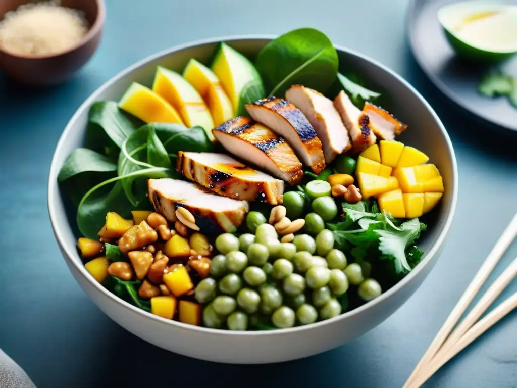 Una exquisita ensalada asiática fresca gourmet, con ingredientes vibrantes y coloridos en un bol moderno