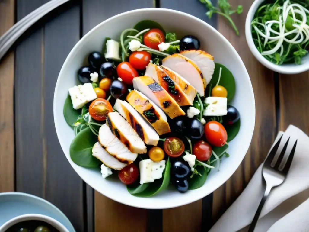 Una exquisita ensalada gourmet saludable, con ingredientes frescos y coloridos, en un elegante tazón blanco sobre mesa de madera rústica