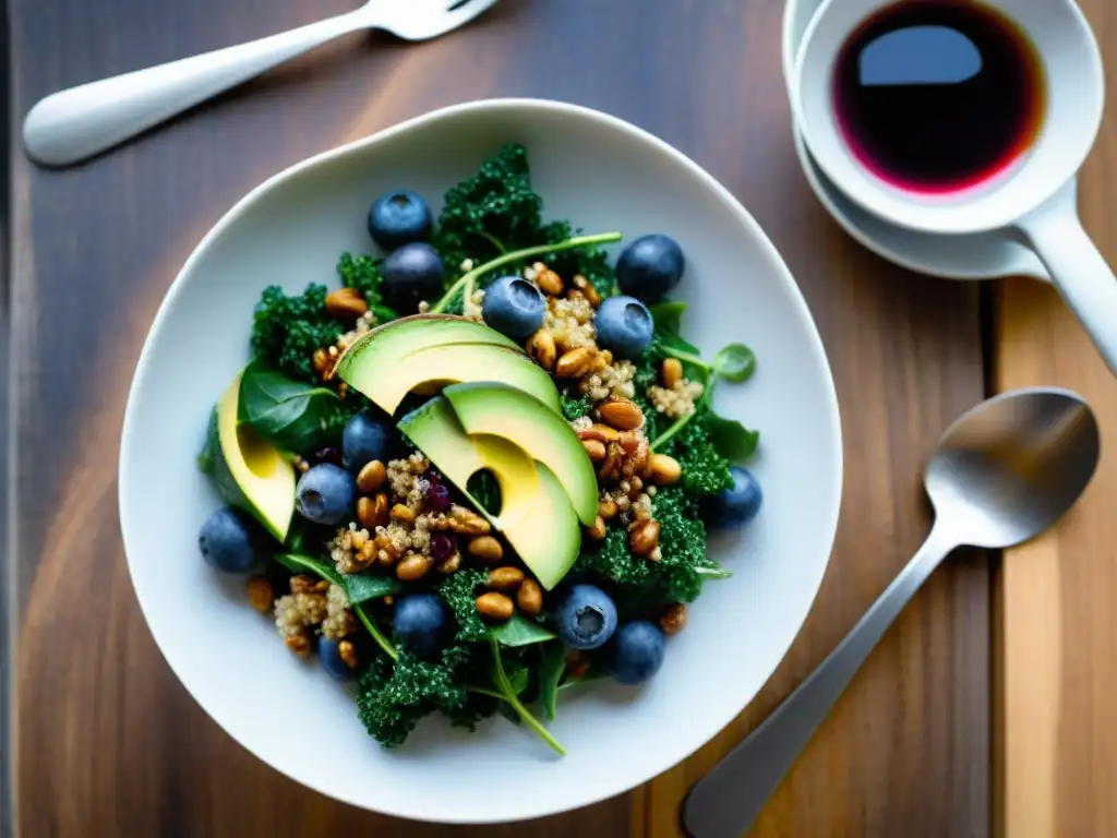 Una exquisita ensalada gourmet de superalimentos, vibrante y nutritiva, en un elegante plato blanco sobre una mesa de madera rústica