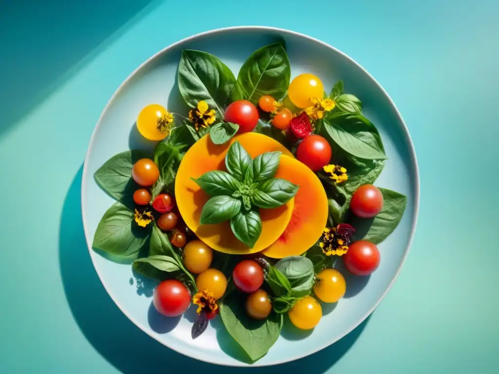 Una exquisita ensalada gourmet con tomates heirloom, albahaca fresca, flores comestibles y vinagre balsámico