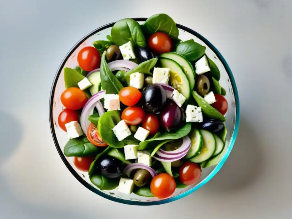 Una exquisita Ensalada Griega receta fácil, una explosión de colores y sabores mediterráneos en un tazón de vidrio