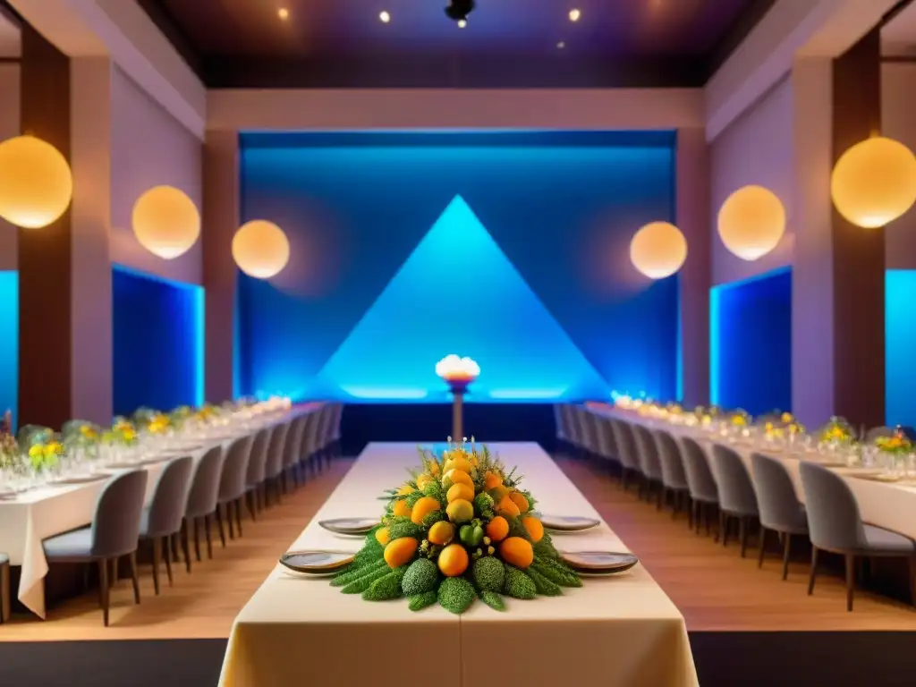 Una exquisita escena de banquete futurista con alimentos impresos en 3D en un elegante salón de eventos