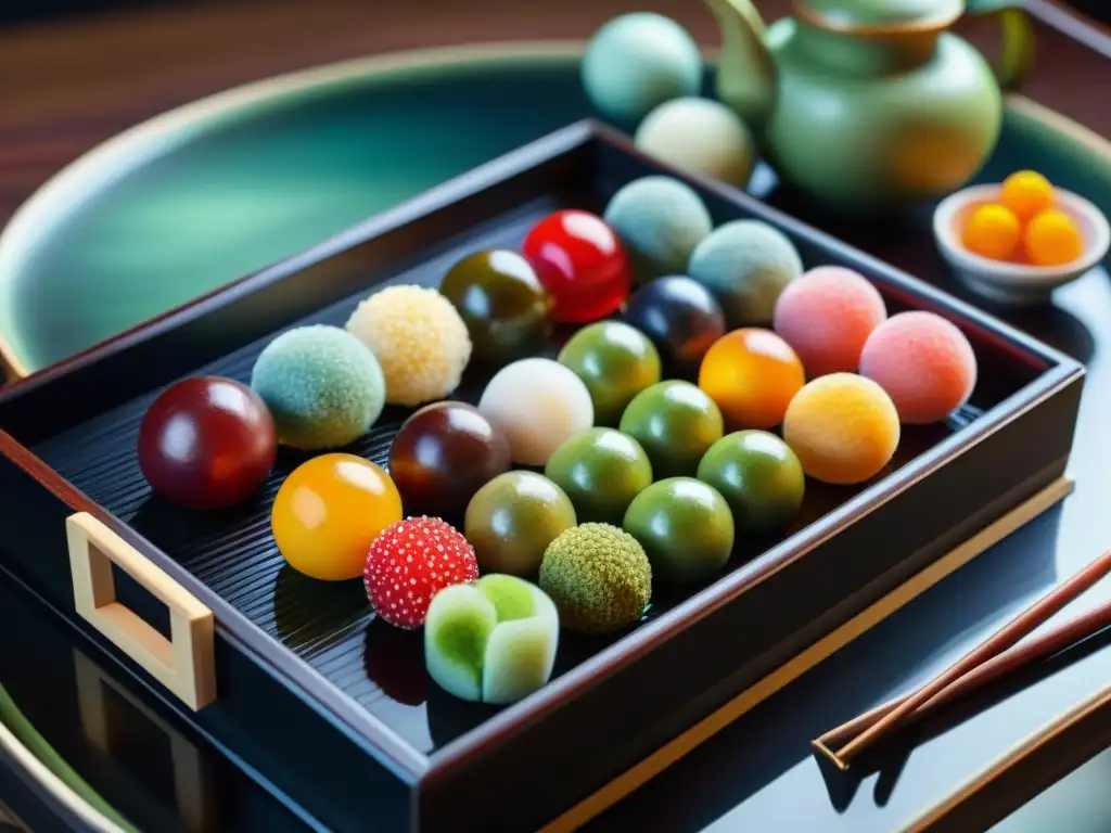 Dango japoneses: delicia tradicional y artesanía Una exquisita escena de la ceremonia del té japonés con una presentación de dulces japoneses Dangos gourmet bellamente decorados en una bandeja lacada