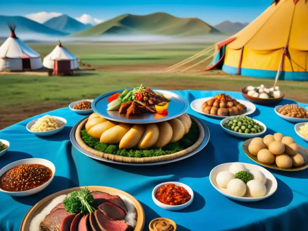 Una exquisita escena de un festín tradicional mongol en medio de las estepas, resaltando la gastronomía Mongolia: sabores robustos y nutritivos