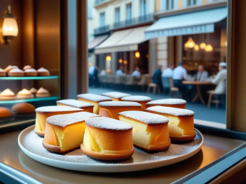 Una exquisita exhibición de financieros dorados, decorados con almendras y azúcar glas en una lujosa pastelería francesa