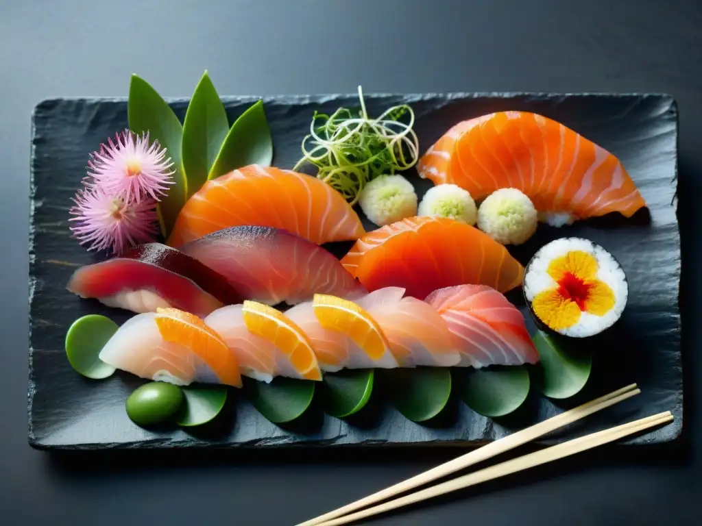 Una exquisita exhibición de sashimi: arte gastronómico delicado con salmones, atún, pargo y erizo de mar en una presentación impecable