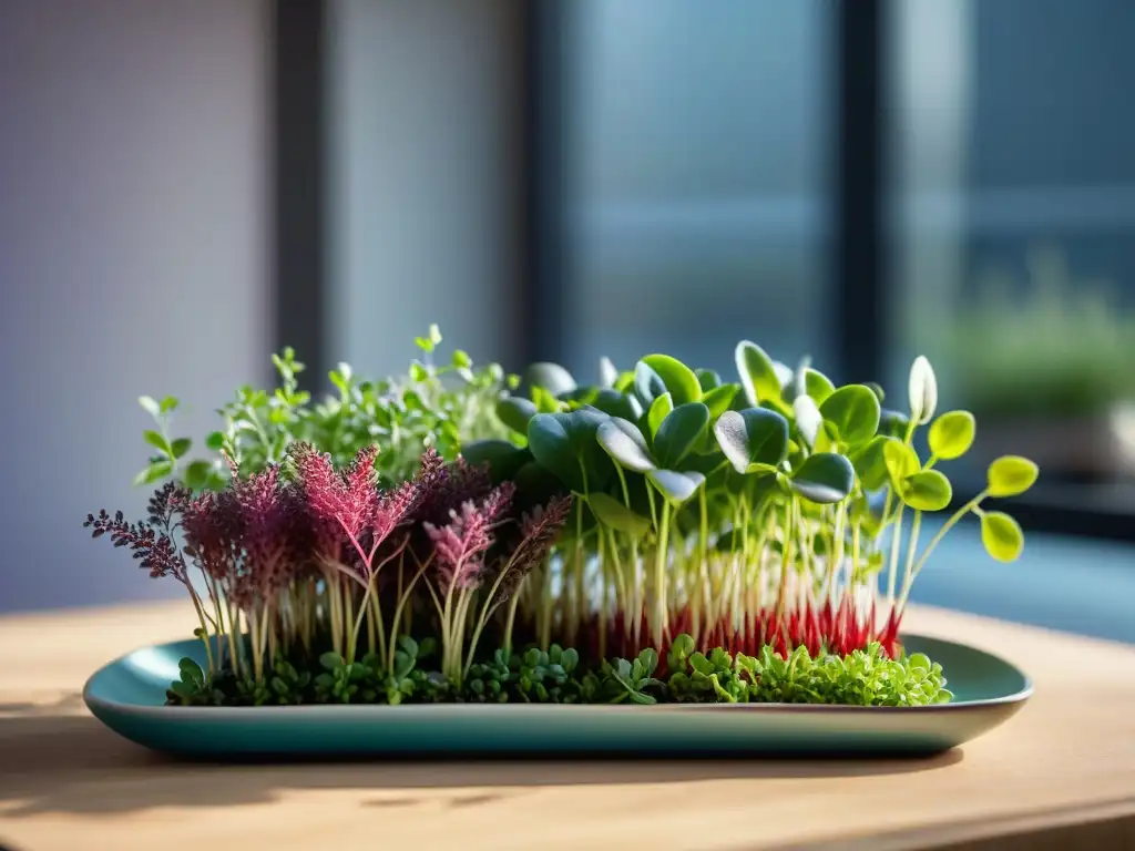 Una exquisita exhibición de microgreens vibrantes en cocina gourmet: nutrición y frescura