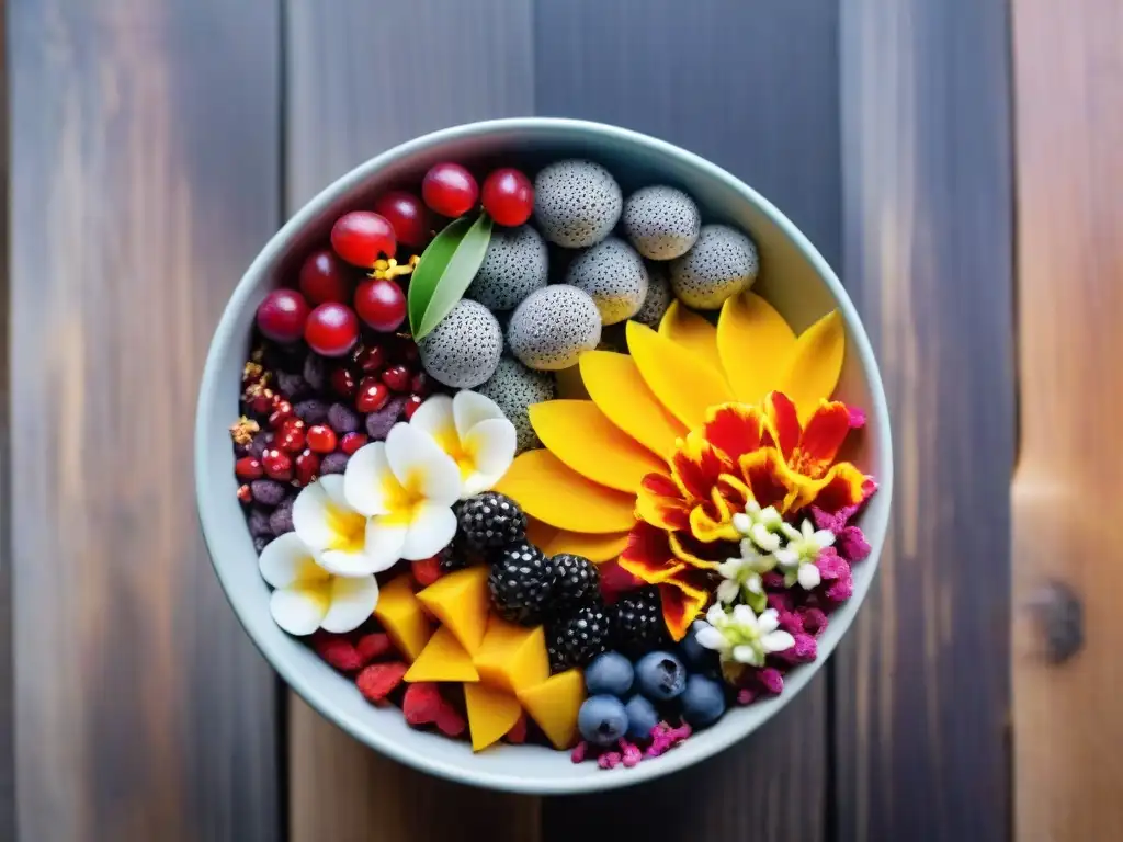 Una exquisita experiencia sensorial con superfoods gourmet vibrantes en un tazón colorido sobre fondo de madera rústica