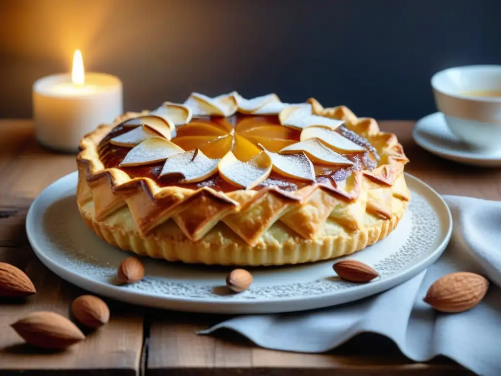 Exquisita Galette des Rois francesa decorada con tradición en mesa rústica iluminada