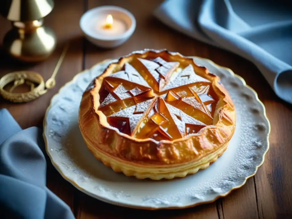 Una exquisita Galette des Rois francesa en una elegante vajilla vintage, decorada con coronas doradas y azúcar glass