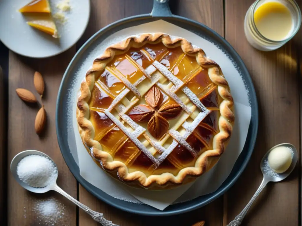 Una exquisita Galette des Rois francesa en una mesa rústica, con detalles dorados y una corona de hojaldre, rodeada de ingredientes tradicionales