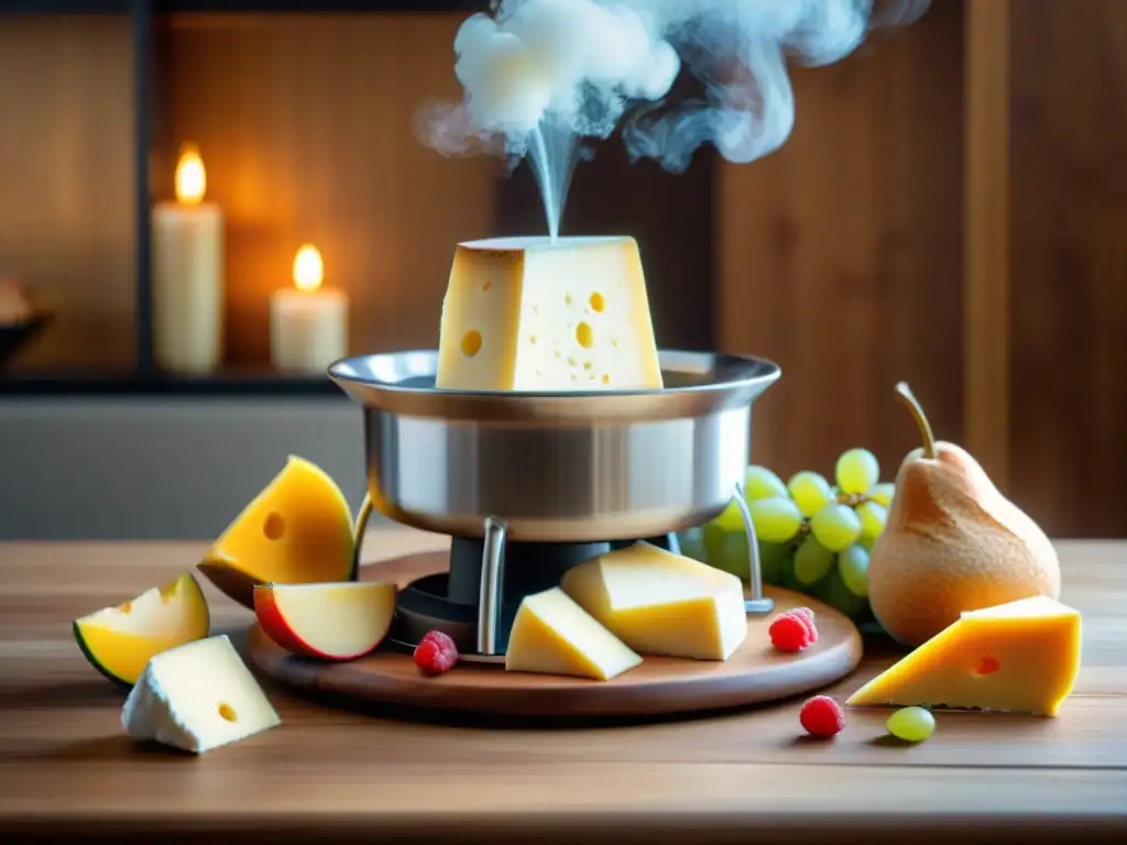 Exquisita fuente de fondue rodeada de quesos gourmet, pan y frutas frescas