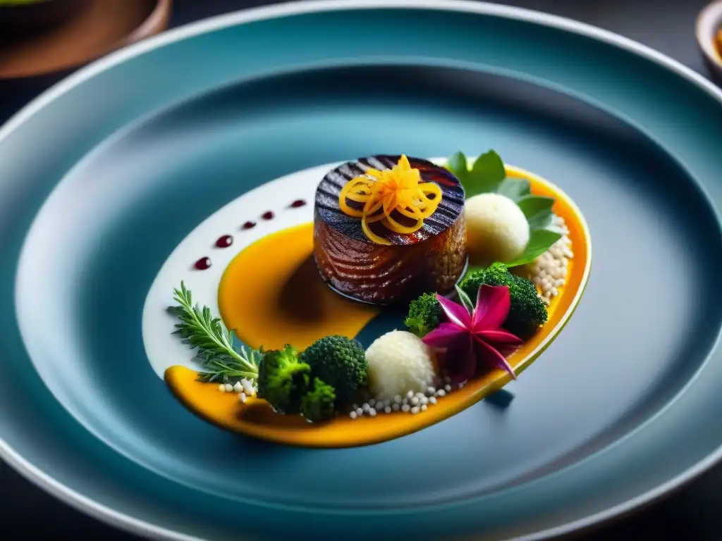 Una exquisita fusión étnica en alta gastronomía con colores vibrantes y detalles sofisticados en un elegante plato de autor