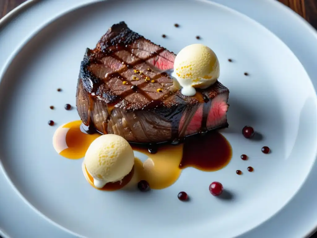 Una exquisita fusión de helado de vainilla sobre un filete a la parrilla