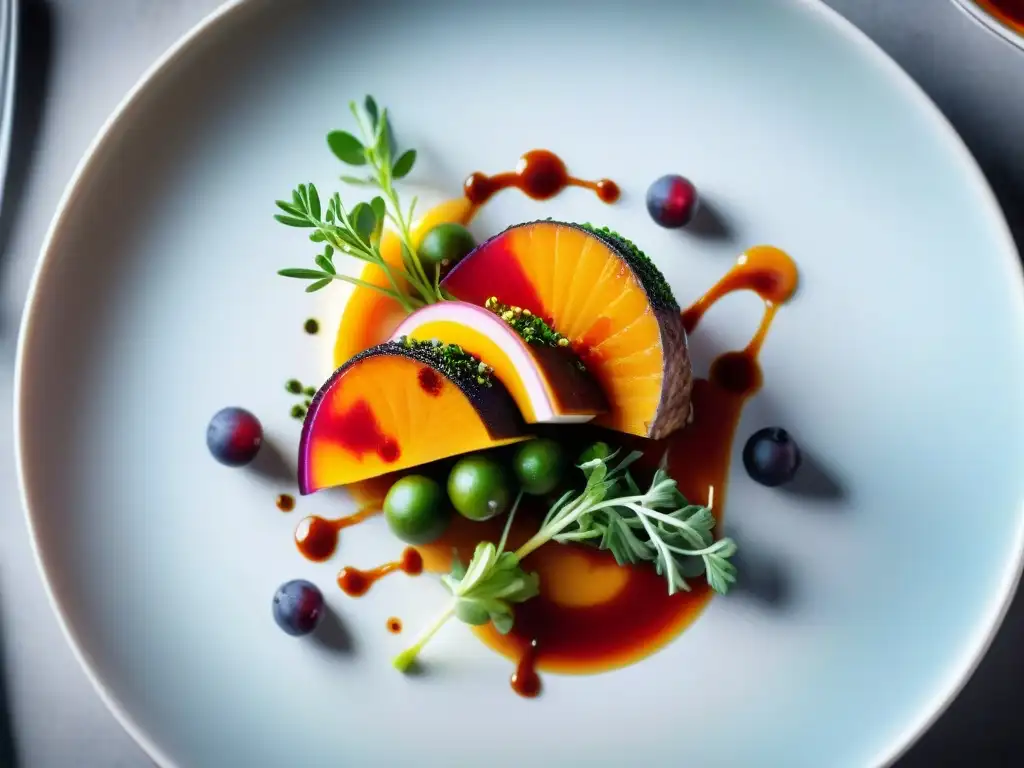 Una exquisita fusión de ingredientes y colores en un plato moderno, resaltando la creatividad de la cocina fusión chefs libros fronteras