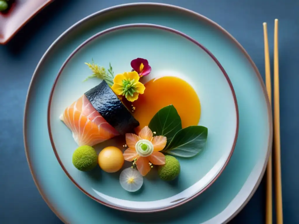 Plato de fusión japonesa: arte culinario exquisito Una exquisita fusión japonesa gourmet con sashimi y tempura, decorada con flores comestibles y hojas de oro