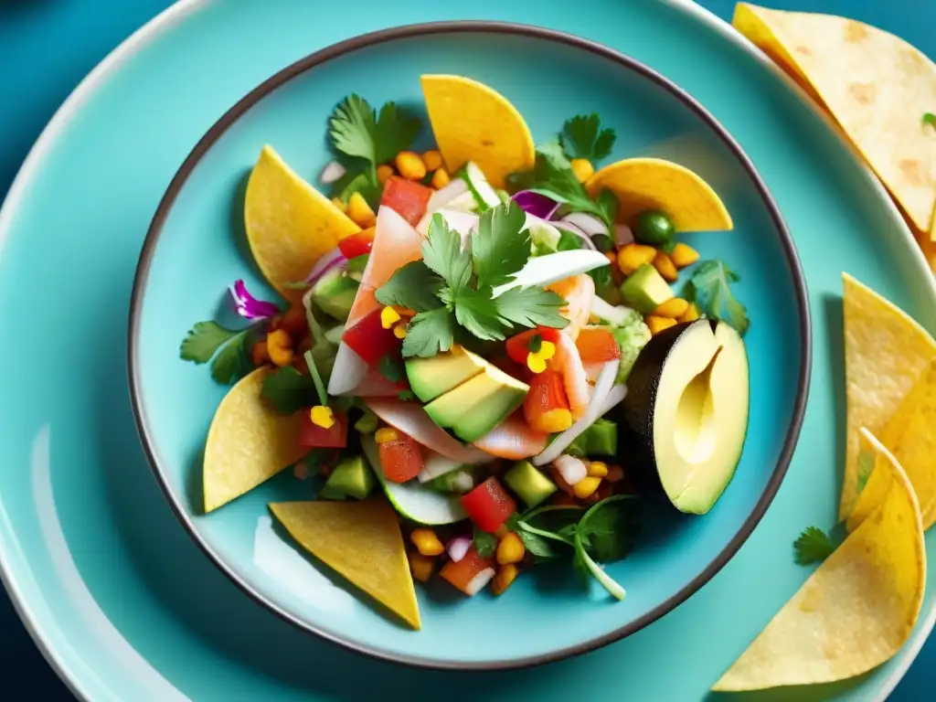 Una exquisita fusión mexicana ceviches gourmet con ingredientes frescos y coloridos en un plato moderno y elegante