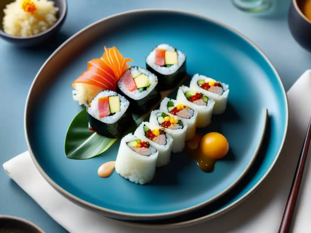 Una exquisita fusión de sabores asiáticos en gastronomía occidental, con sushi y filete acompañados de puré de papas