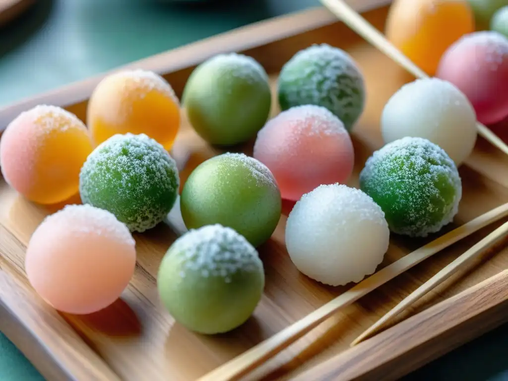 Dango japonés: exquisitez pastel en detalle Exquisita presentación de Dangos gourmet japoneses, con bolas coloridas en una tabla de madera rústica