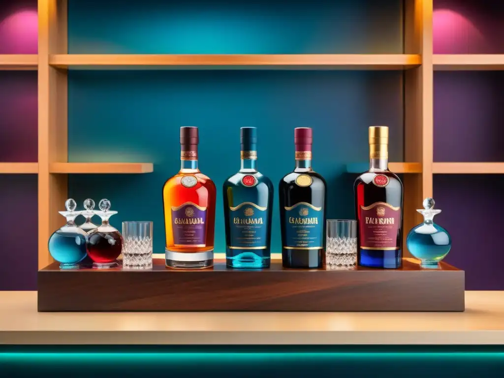 Exquisita degustación de licores exóticos en bar moderno Exquisita degustación gourmet de licores exóticos inusuales en elegante barra moderna