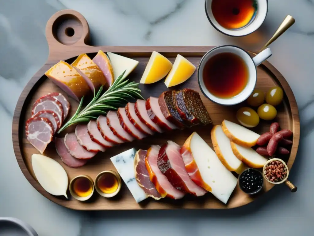 Una exquisita guía de tés ahumados y carnes curadas en un elegante tablero de madera rústico