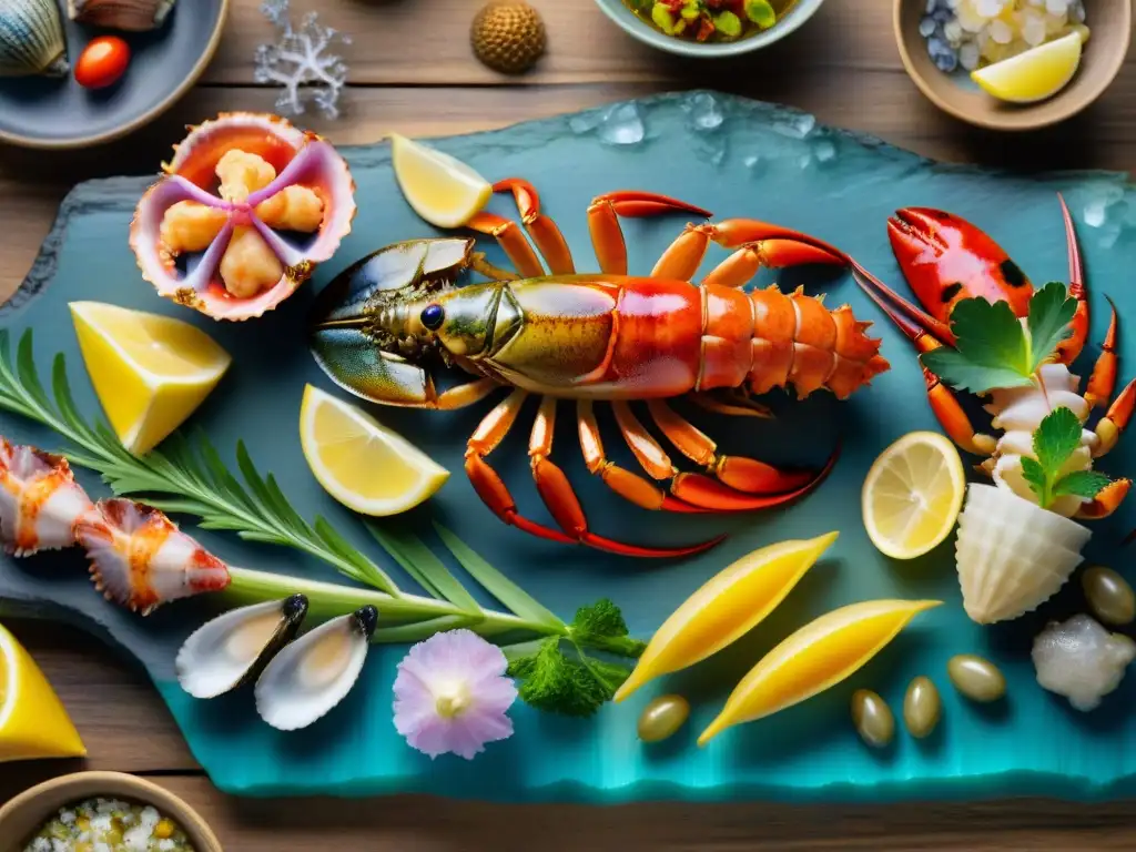 Una exquisita guía mariscos exóticos gourmet aventureros presentados en una mesa rústica con decoraciones de arrecife de coral