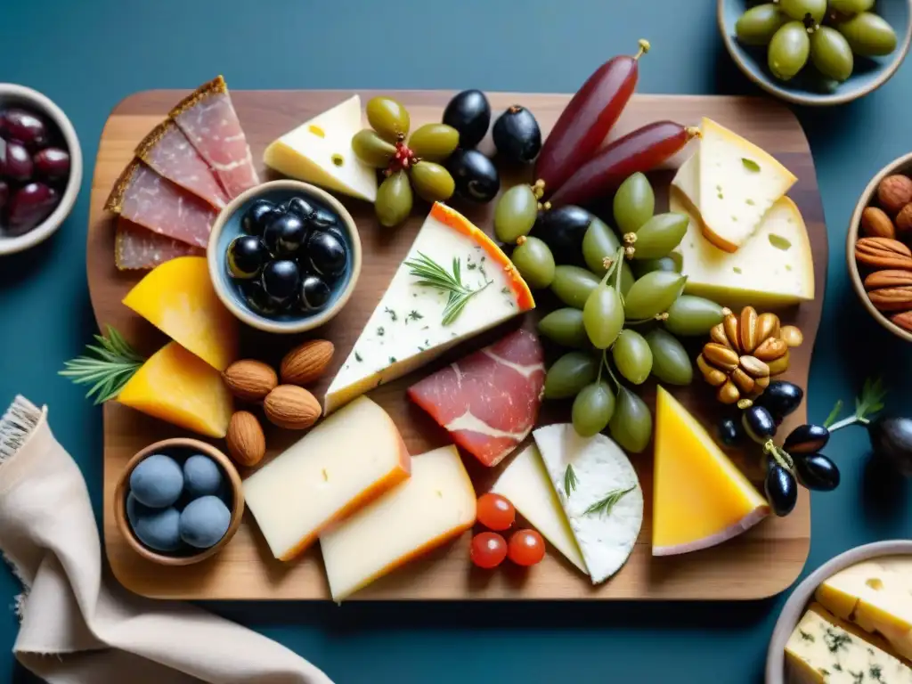 Una exquisita guía paso a paso de curación de alimentos gourmet, con una selección de delicias finas presentadas en una tabla de madera