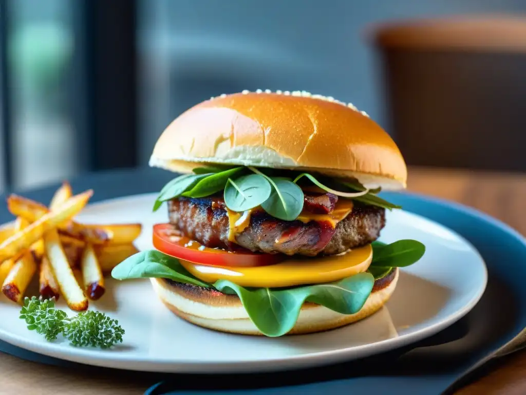 Exquisita hamburguesa gourmet con capas de queso derretido, carne a la parrilla, tocino crujiente, lechuga fresca, tomate jugoso y salsa gourmet, en un pan brioche tostado, servida en un plato blanco junto a papas fritas doradas y aioli de