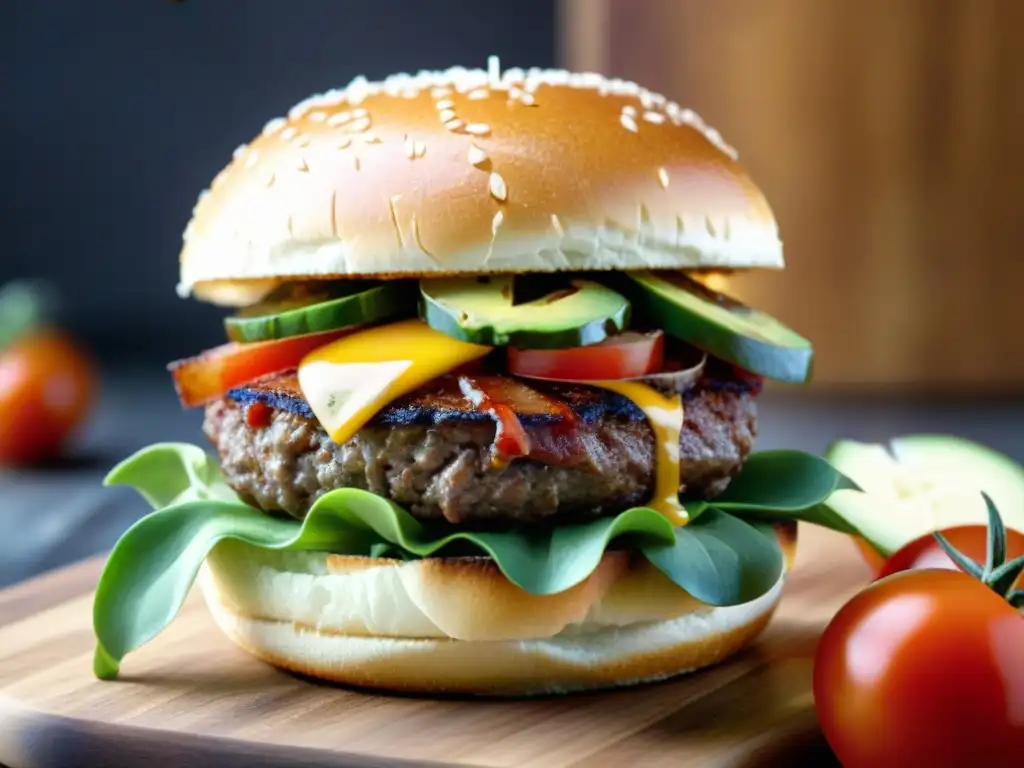 Una exquisita hamburguesa gourmet rodeada de ingredientes frescos, destaca por su presentación y texturas