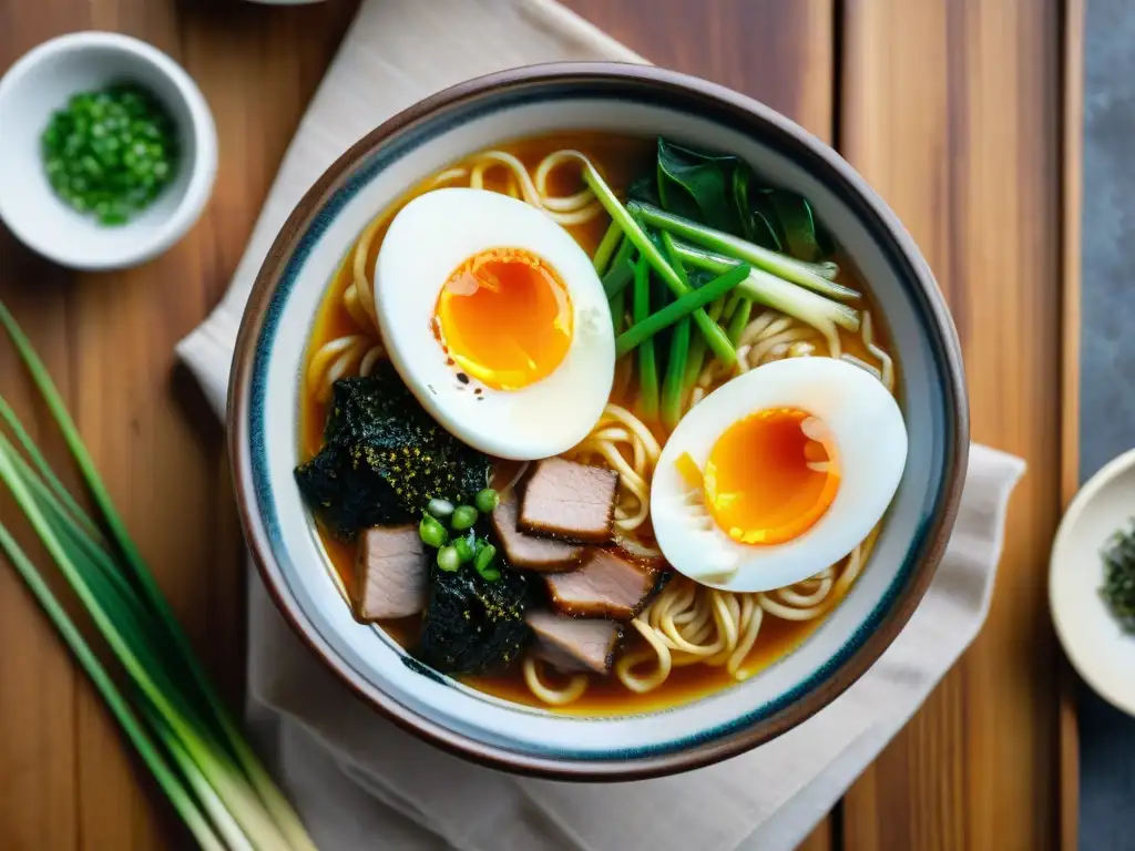 Una exquisita imagen en alta resolución del icónico plato de ramen, capturando la esencia de la Revolución del Ramen: historia y recetas