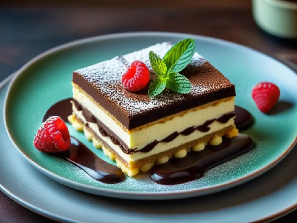 Una exquisita imagen de un decadente tiramisú italiano auténtico, decorado con frambuesas y menta fresca sobre porcelana