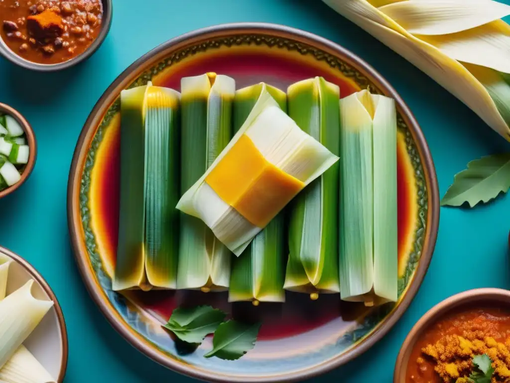 Una exquisita imagen de sabores tamales prehispánicos gourmet en un plato de talavera mexicano, resaltando su rica herencia culinaria