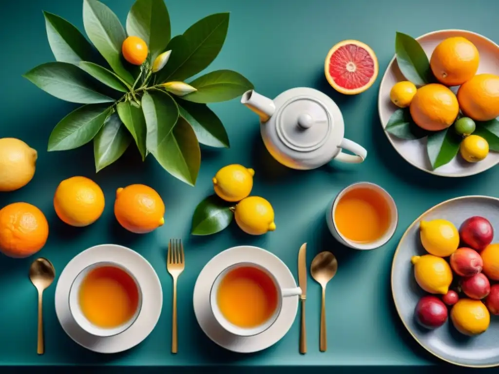 Exquisita mesa con cítricos y tazas de té, ideal para maridaje de té con platos ácidos