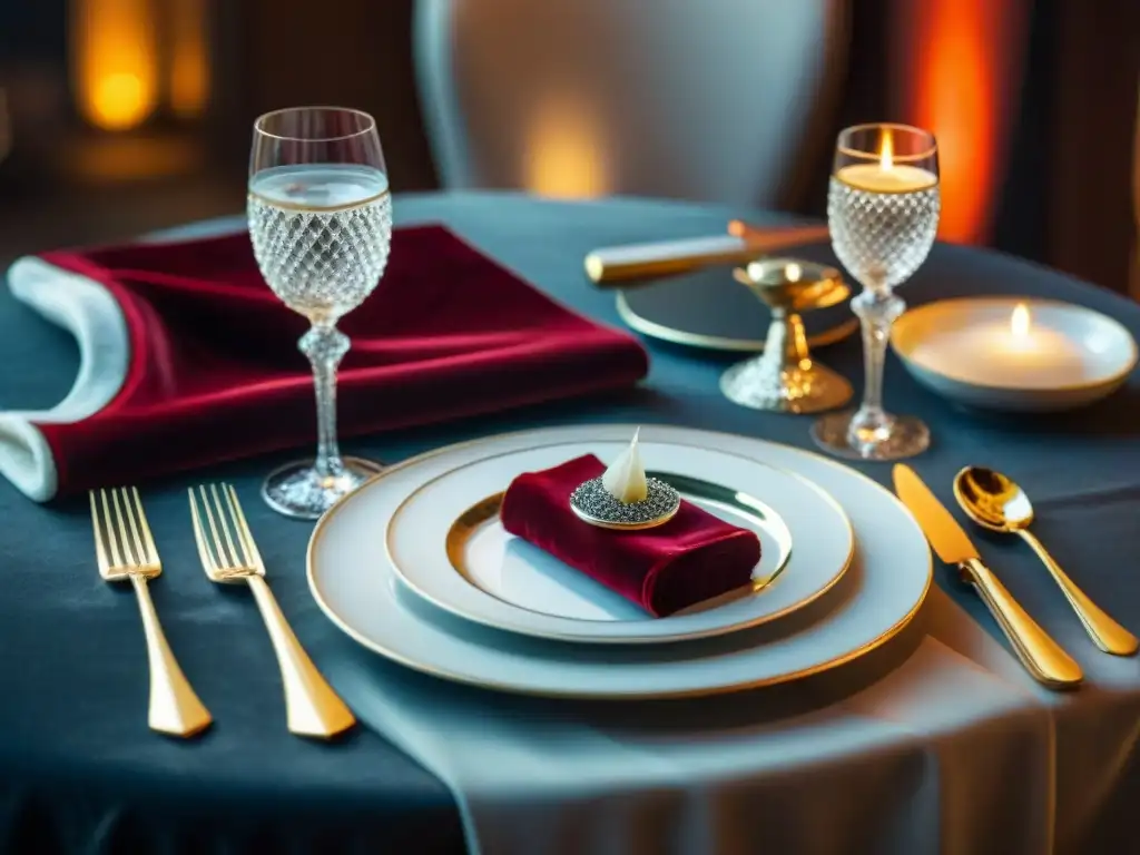 Exquisita mesa de comedor con caviar de lujo gourmet exclusivo, cristalería fina y mantel de terciopelo rojo opulento