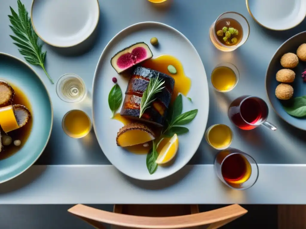 Una exquisita mesa de comedor con maridaje Kombucha platos gourmet, una experiencia culinaria de lujo