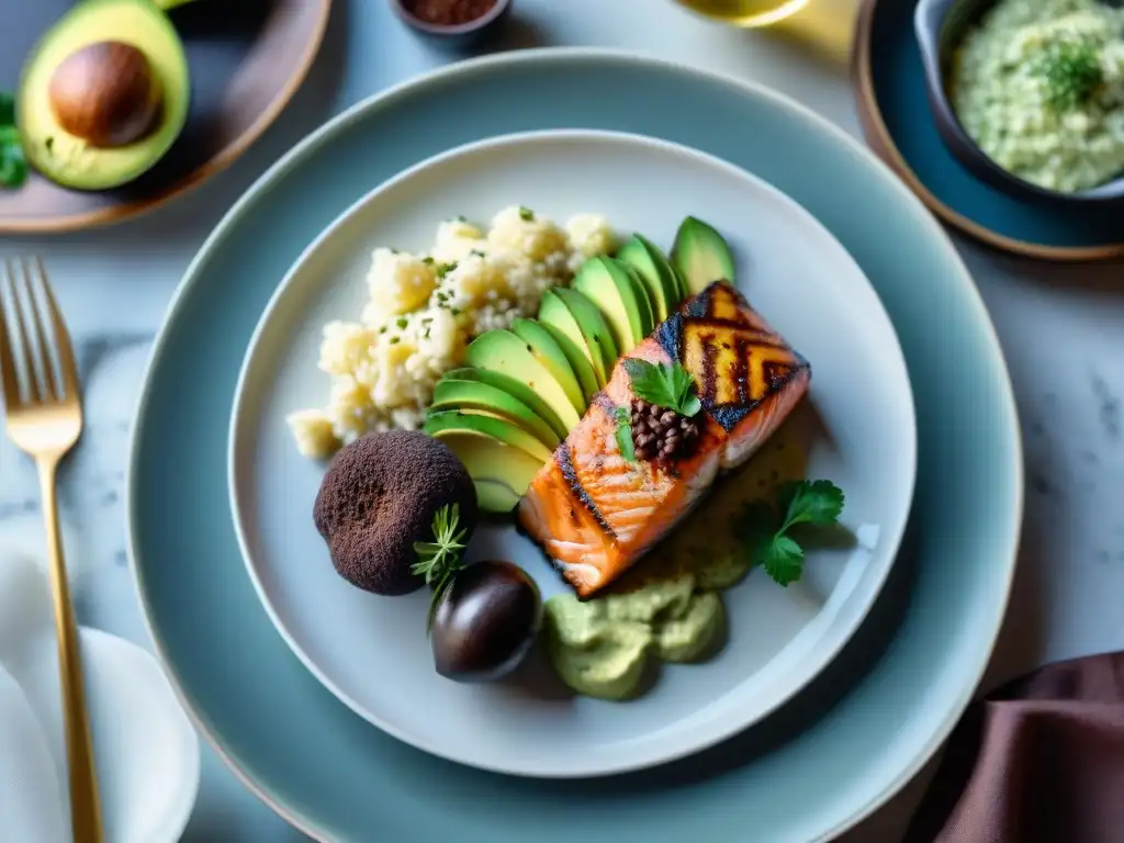 Exquisita mesa gourmet keto con detalle fotorealista Exquisita mesa gourmet cetosis estilo con platillos keto y elegante vajilla