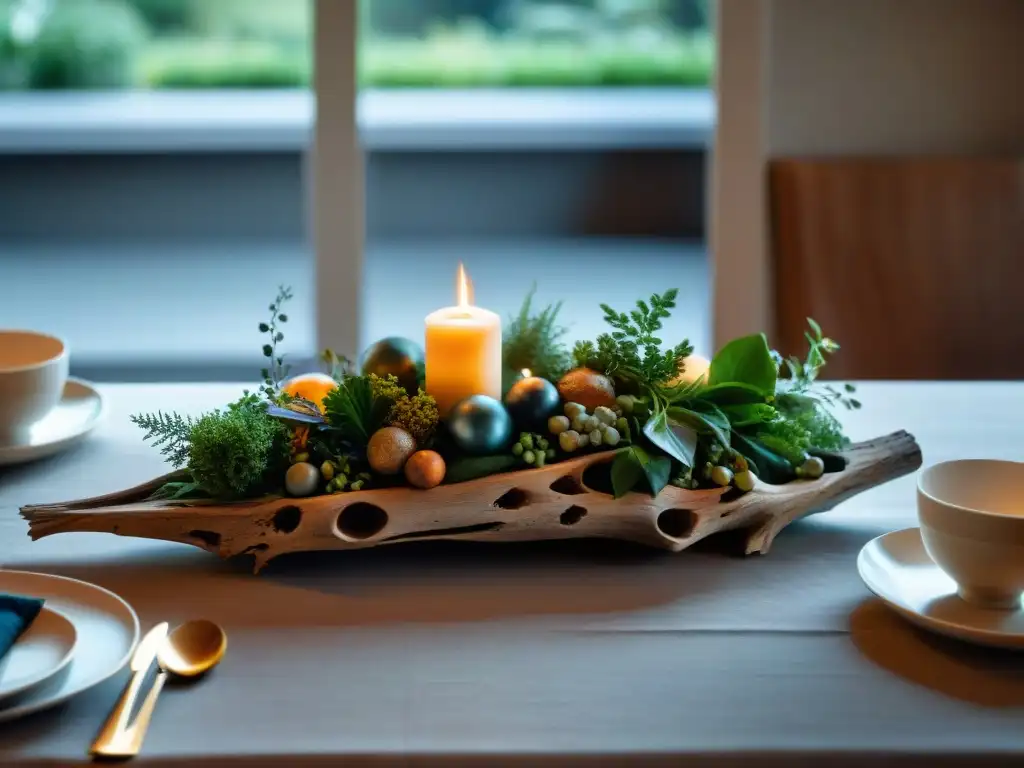 Exquisita mesa gourmet con elementos naturales como madera, vegetación fresca y cerámica artesanal, iluminada por luz suave