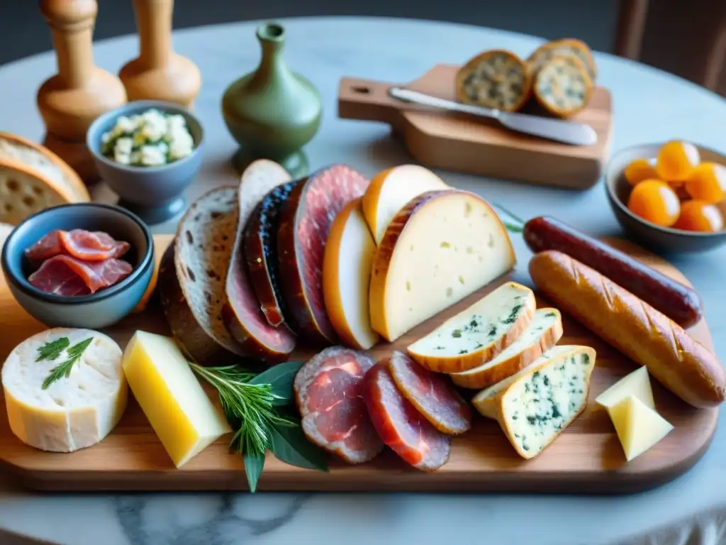 Una exquisita mesa de madera rústica con embutidos artesanales gourmet tradicionales y delicadas decoraciones culinarias