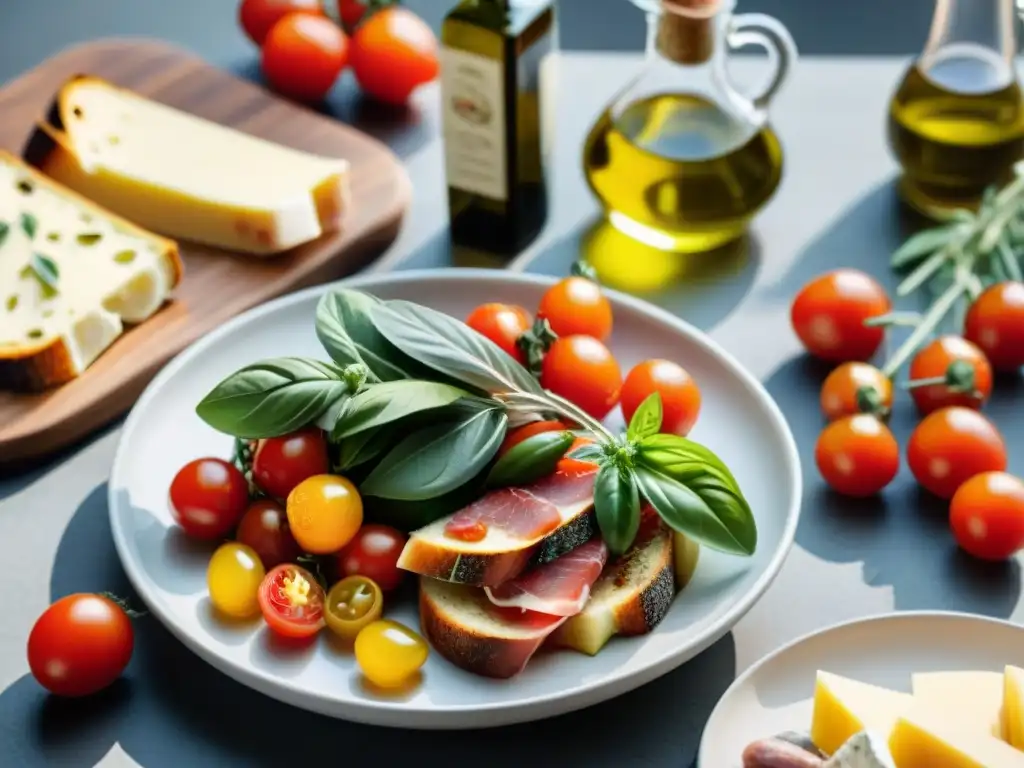 Una exquisita mesa con maridajes aceites oliva gourmet: ensalada Mediterránea, tabla de quesos y embutidos, bruschetta fresca