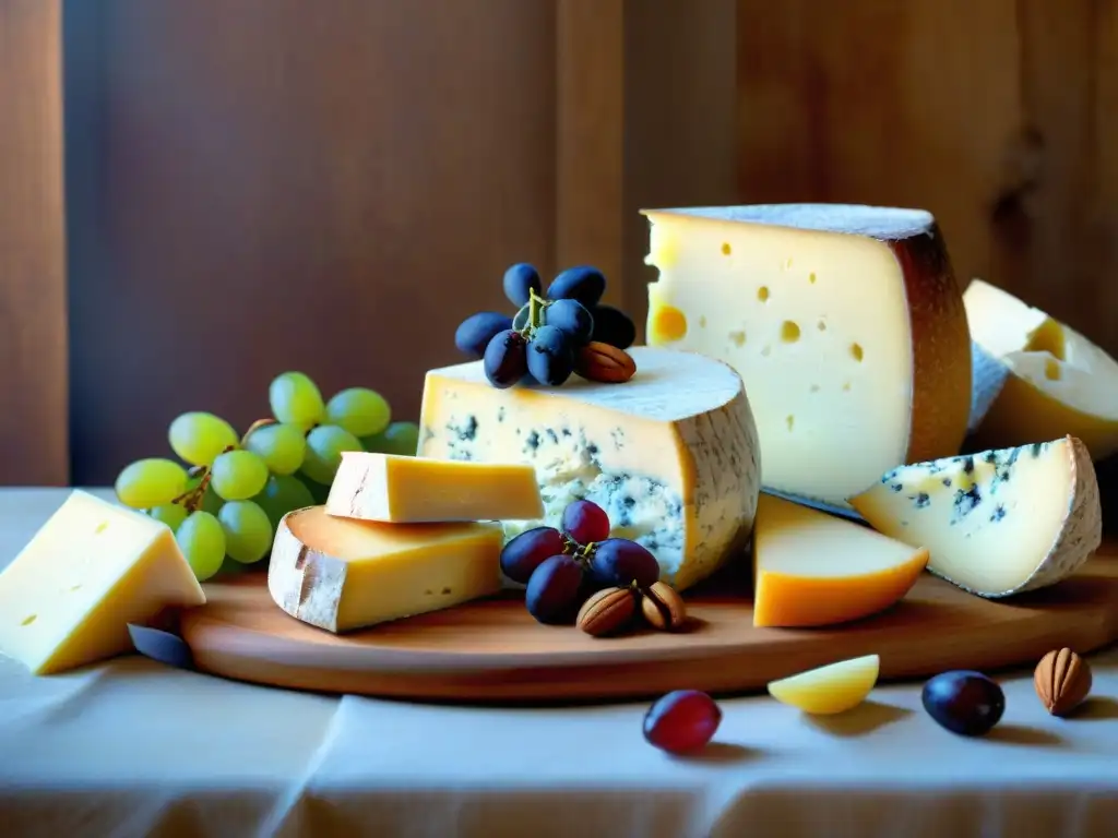 Una exquisita fotografía de una mesa rústica con quesos artesanales como cheddar, brie y azul, uvas, nueces y pan recién horneado