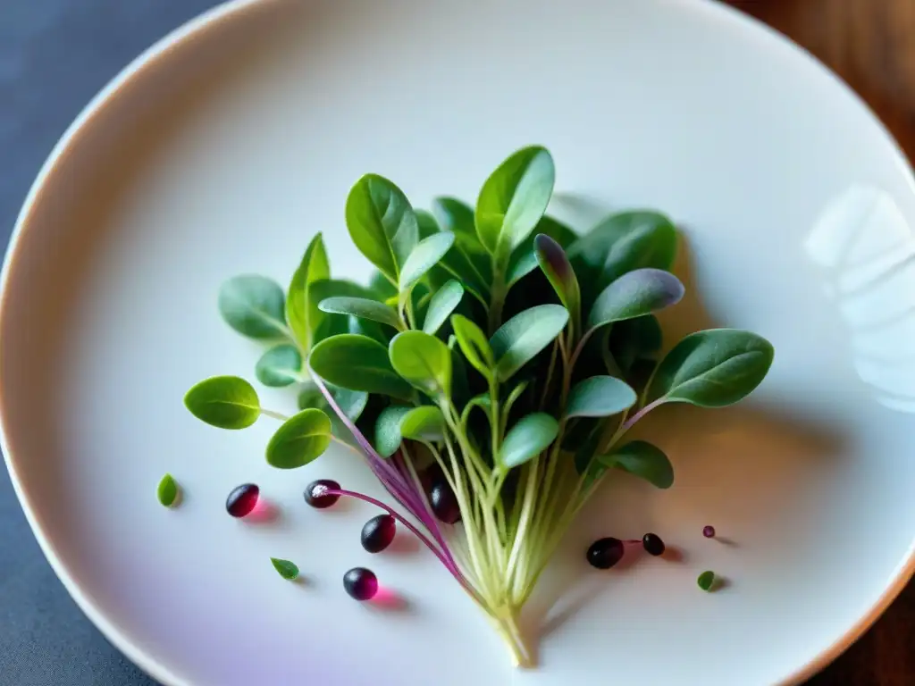 Una exquisita muestra de microgreens gourmet, resaltando su frescura y colores vibrantes en una elegante presentación en plato de porcelana blanco