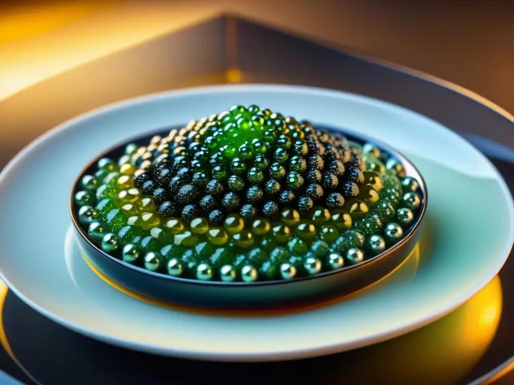 Una exquisita muestra de técnicas de esferificación con caviar vegetal en una presentación deslumbrante