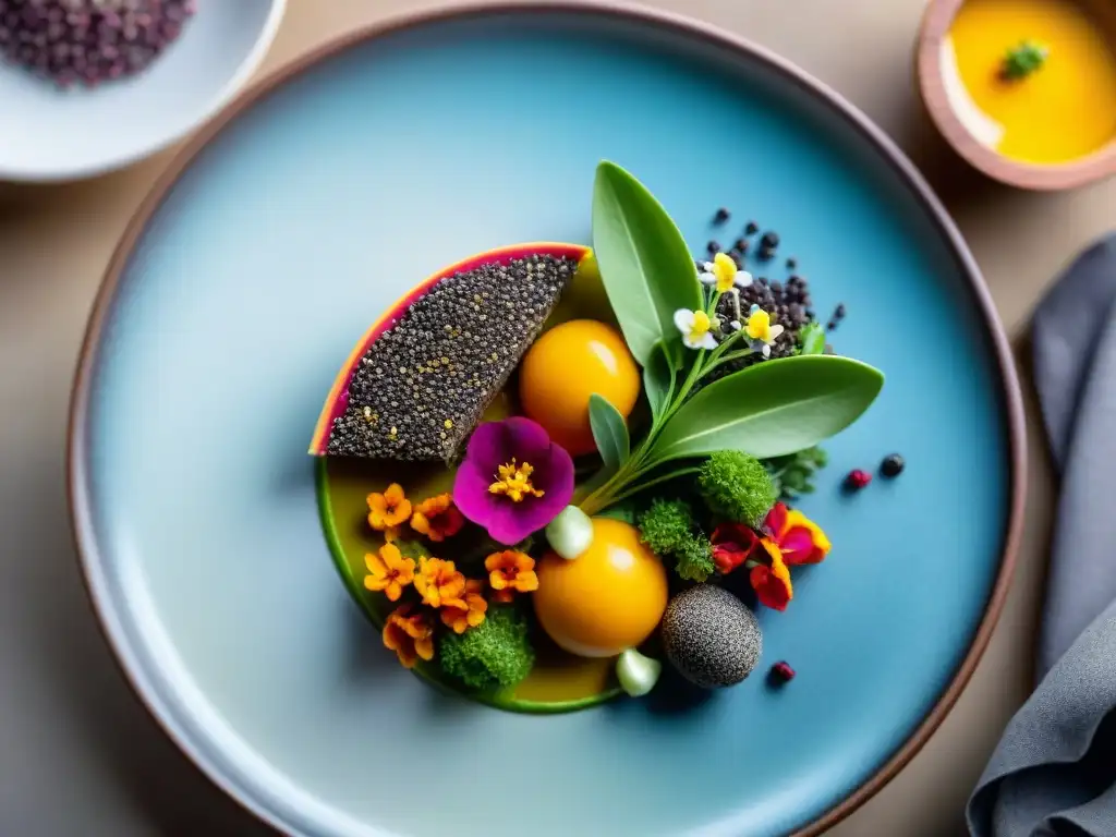 Una exquisita obra de arte culinaria mexicana con superalimentos vibrantes, presentada en una elegante cocina de alta gama