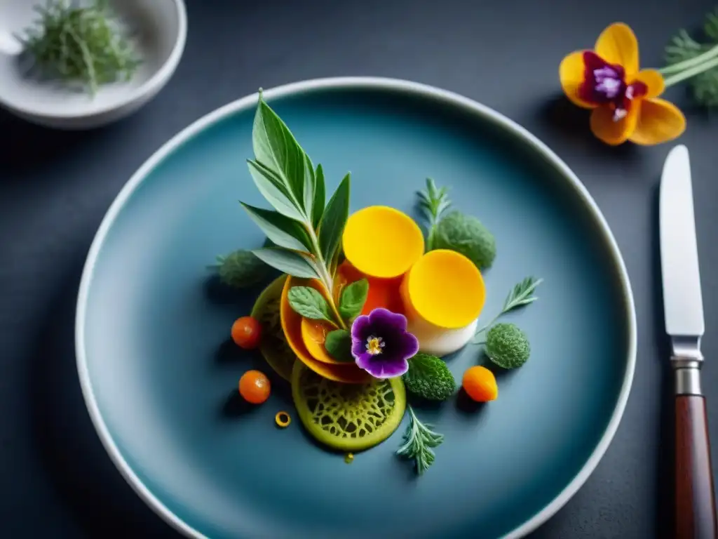 Una exquisita obra maestra gastronómica en plato blanco con hierbas frescas y flores comestibles