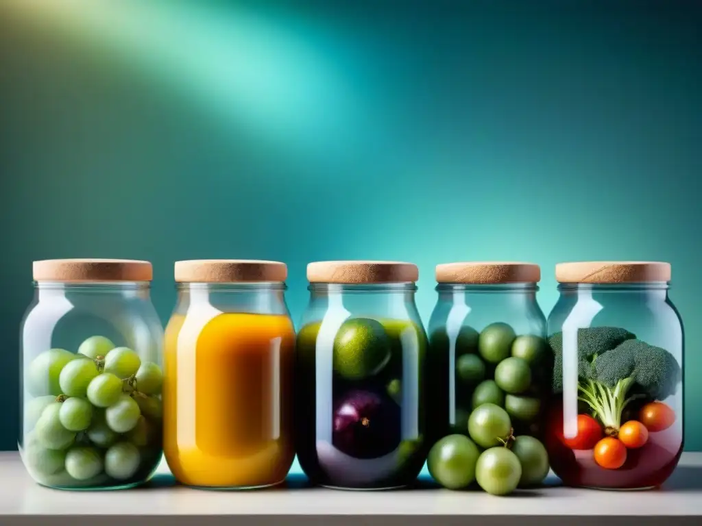 Exquisita fermentación orgánica de frutas y verduras con colores vibrantes y burbujas, revelando los beneficios de sabores naturales